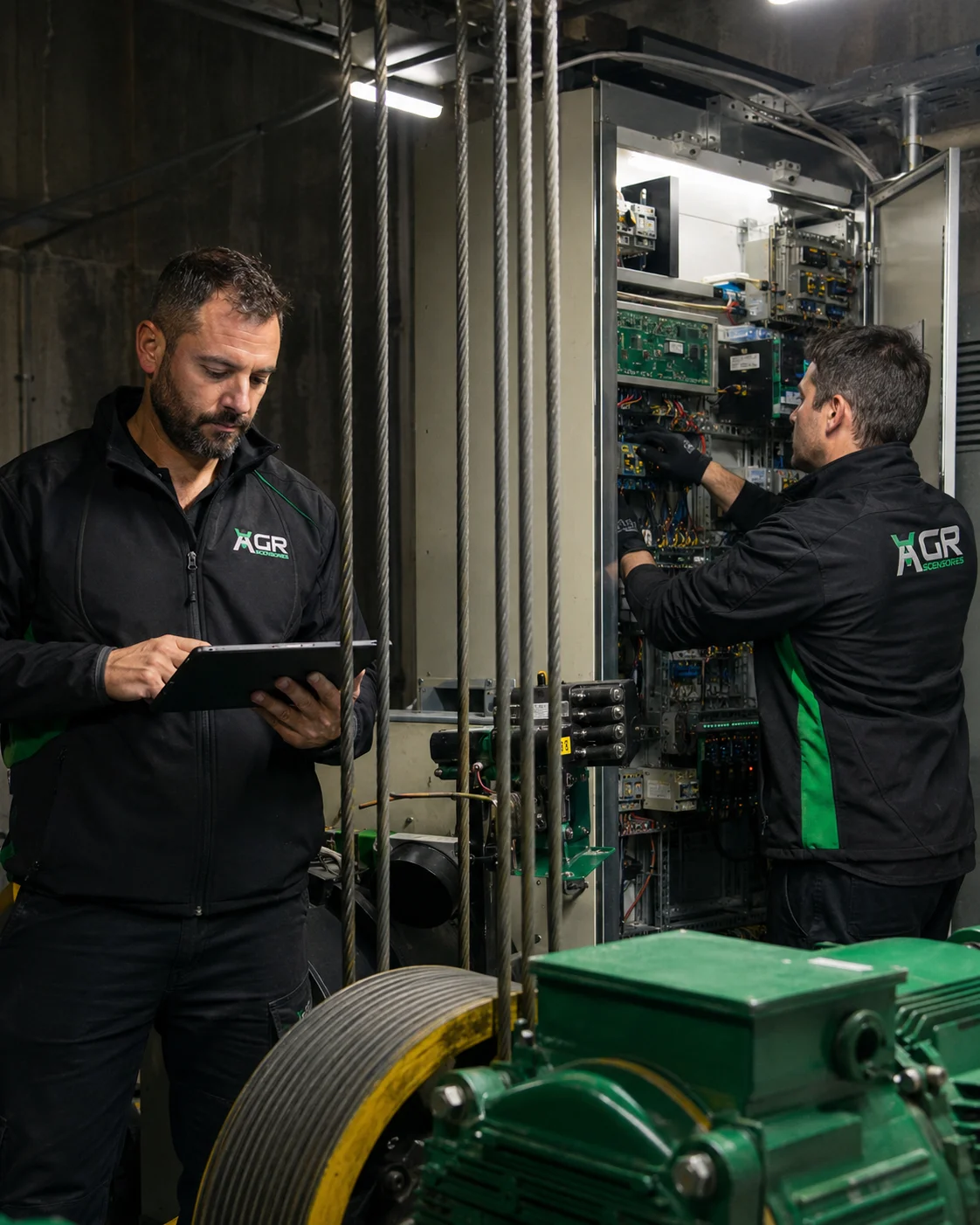 Equipo técnico propio de AGR Ascensores en la sala de máquinas de un ascensor