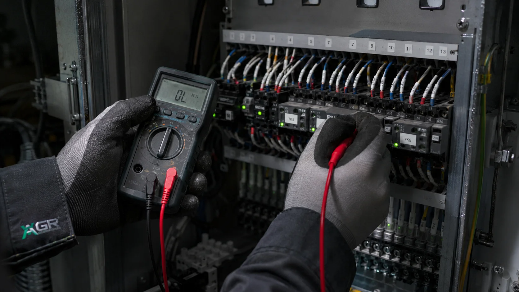 Técnico de AGR Ascensores revisando el cuadro eléctrico de un ascensor con un multímetro