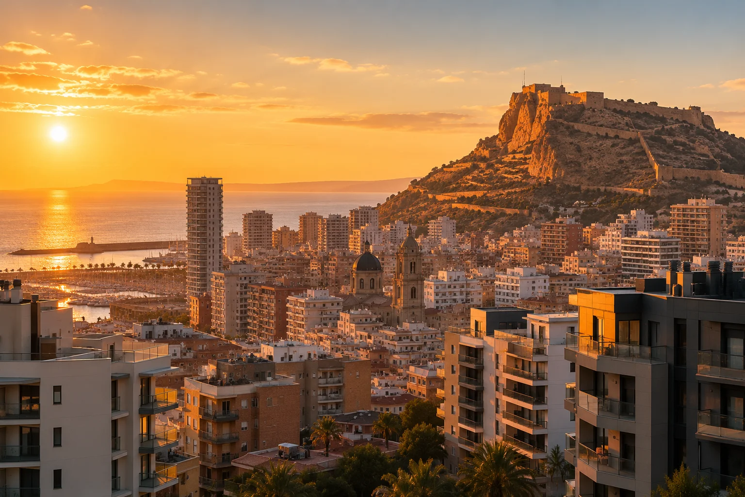Vista de los edificios residenciales de Alicante con el castillo de Santa Bárbara al fondo